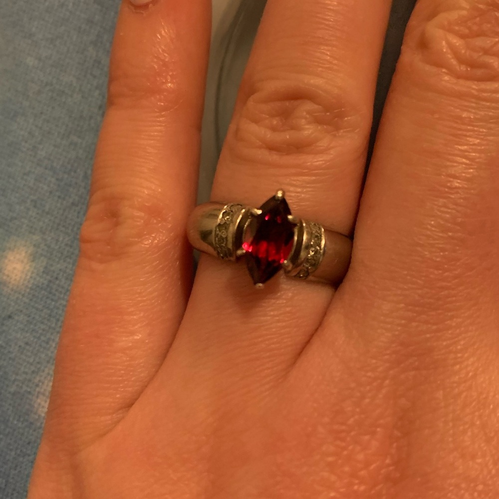 Garnet ring, sterling wide band.